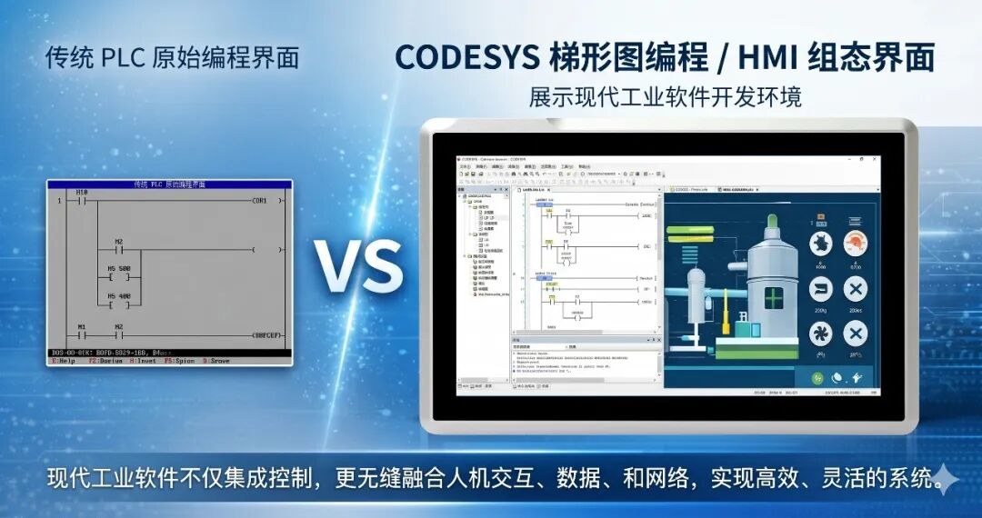 EPC-W2122B 运行 CODESYS 梯形图编程与 HMI 组态界面，对比传统 PLC 原始编程界面