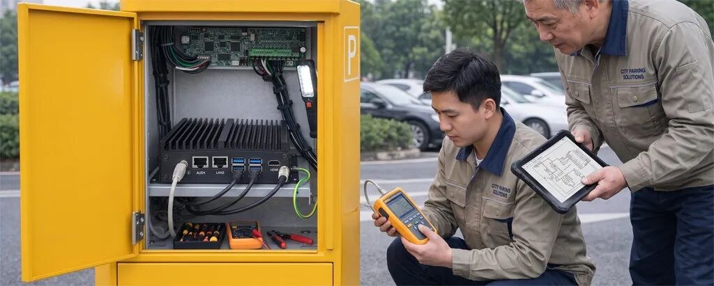 技术人员在道闸柜前对 UPC-206A 工控机进行现场运维与排障