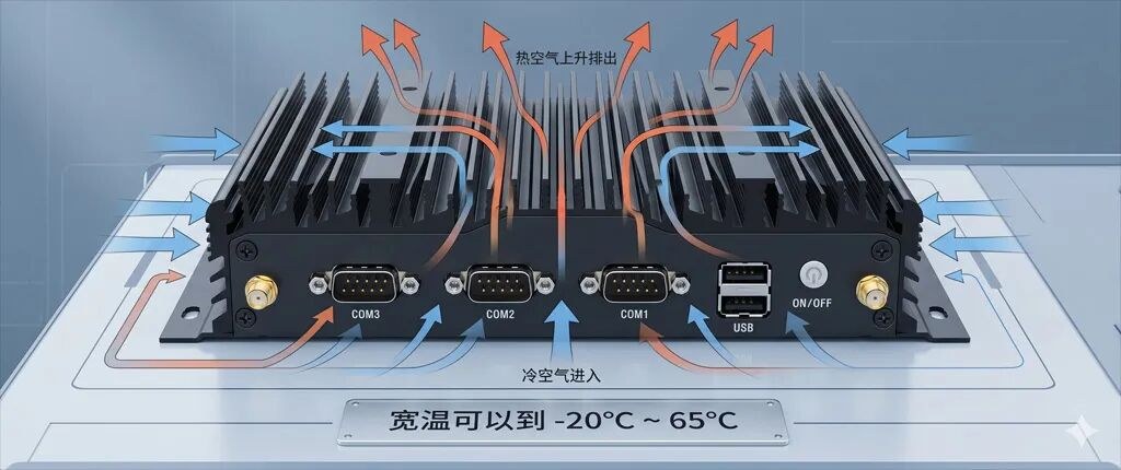 UPC-206A 无风扇宽温设计，工作温度可达 -20°C ~ 65°C，适应出入口环境