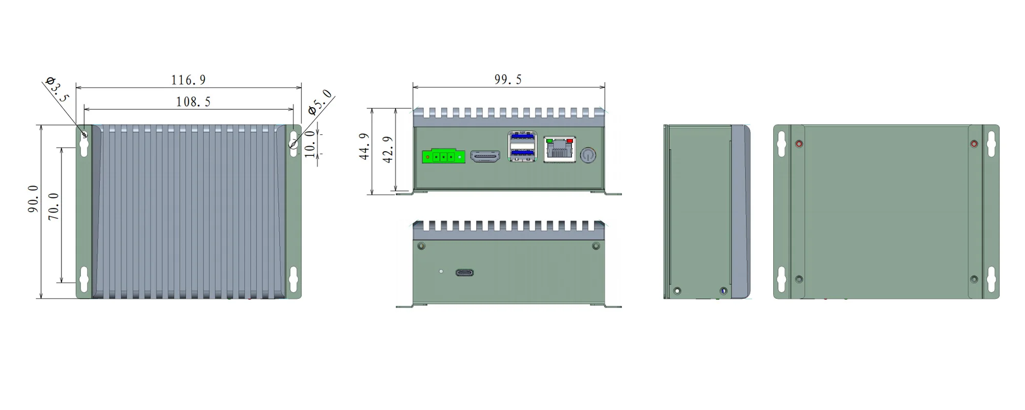 EA-N100A 边缘AI计算机 - 三视图尺寸图（mm）