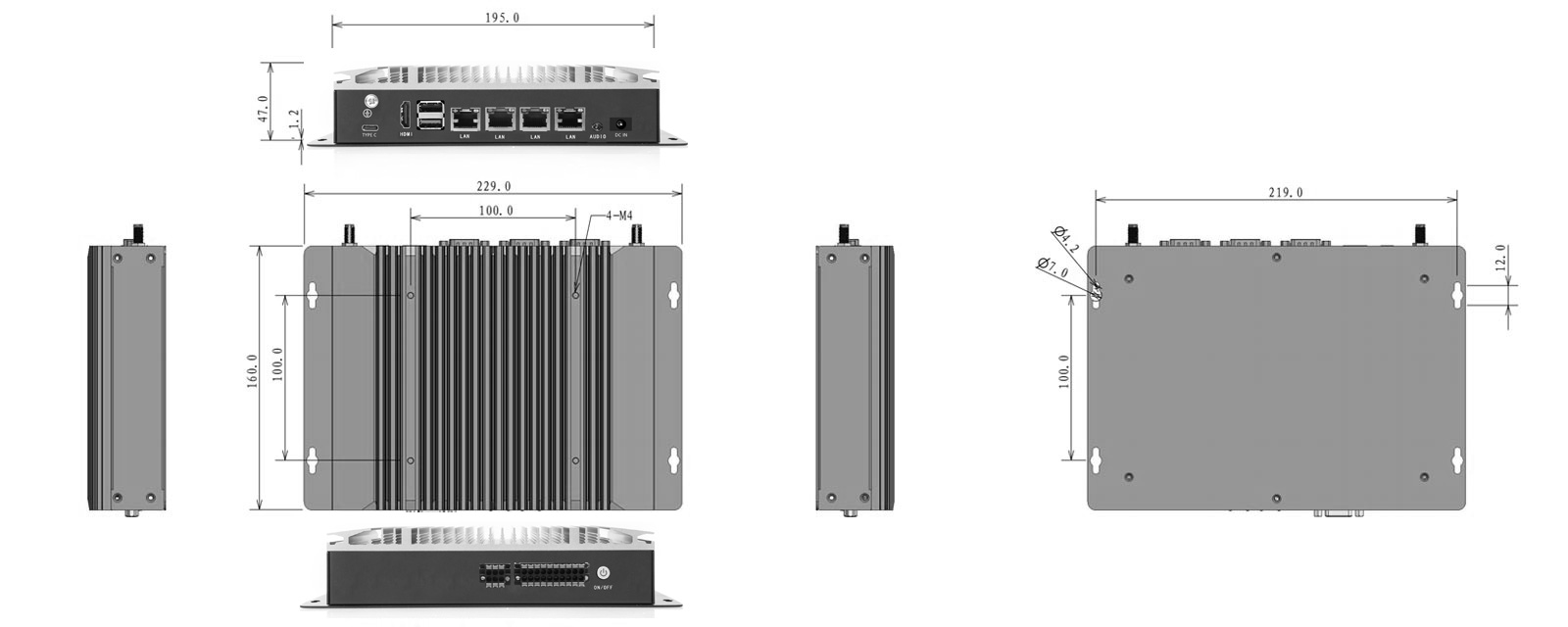 EA-R500E 边缘AI计算机 - 三视图尺寸图（mm）