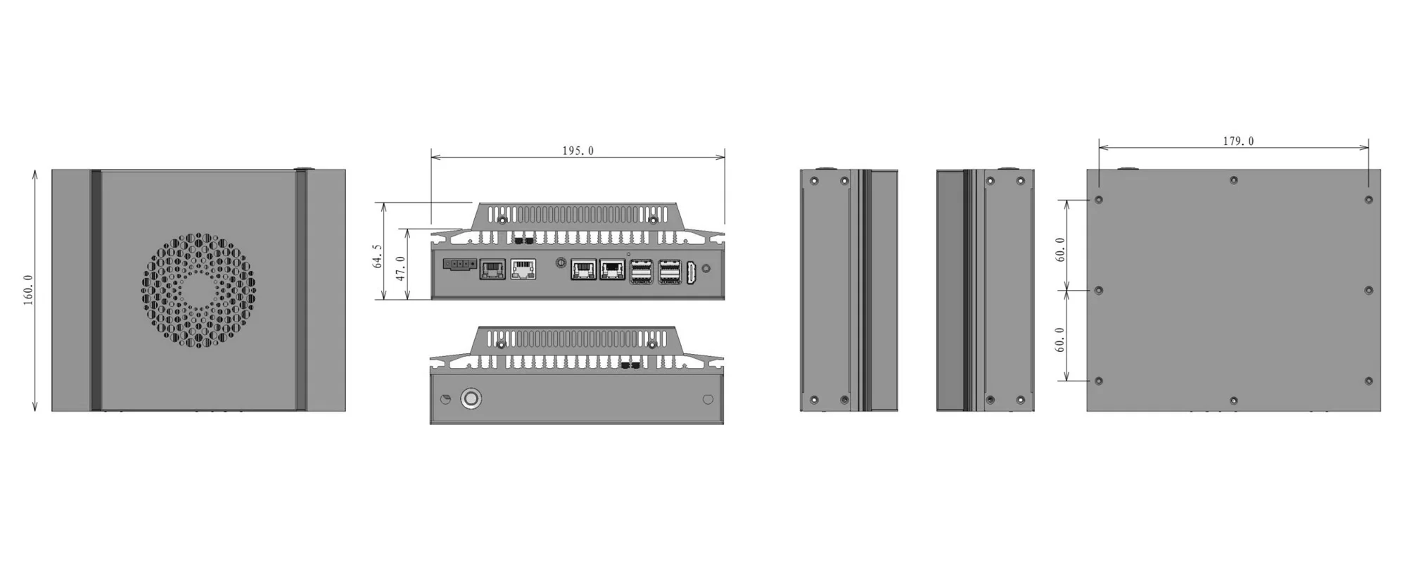 EPC-102B 嵌入式工业计算机 - 三视图尺寸图（mm）