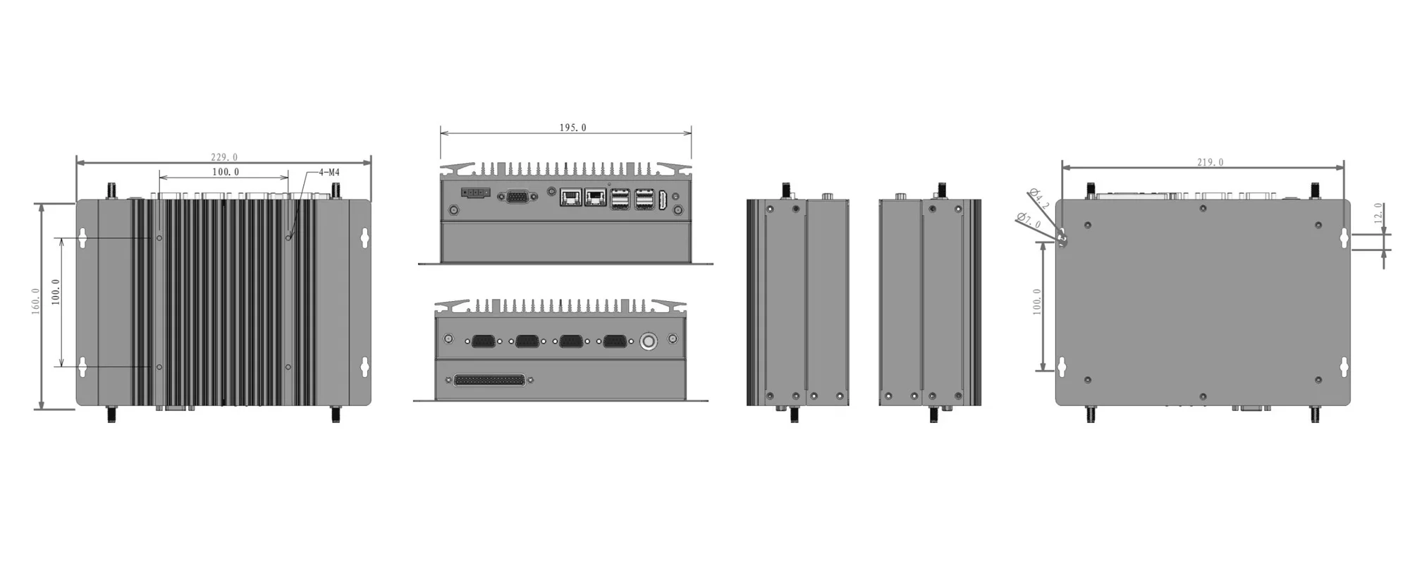 EPC-207B 嵌入式工业计算机 - 三视图尺寸图（mm）