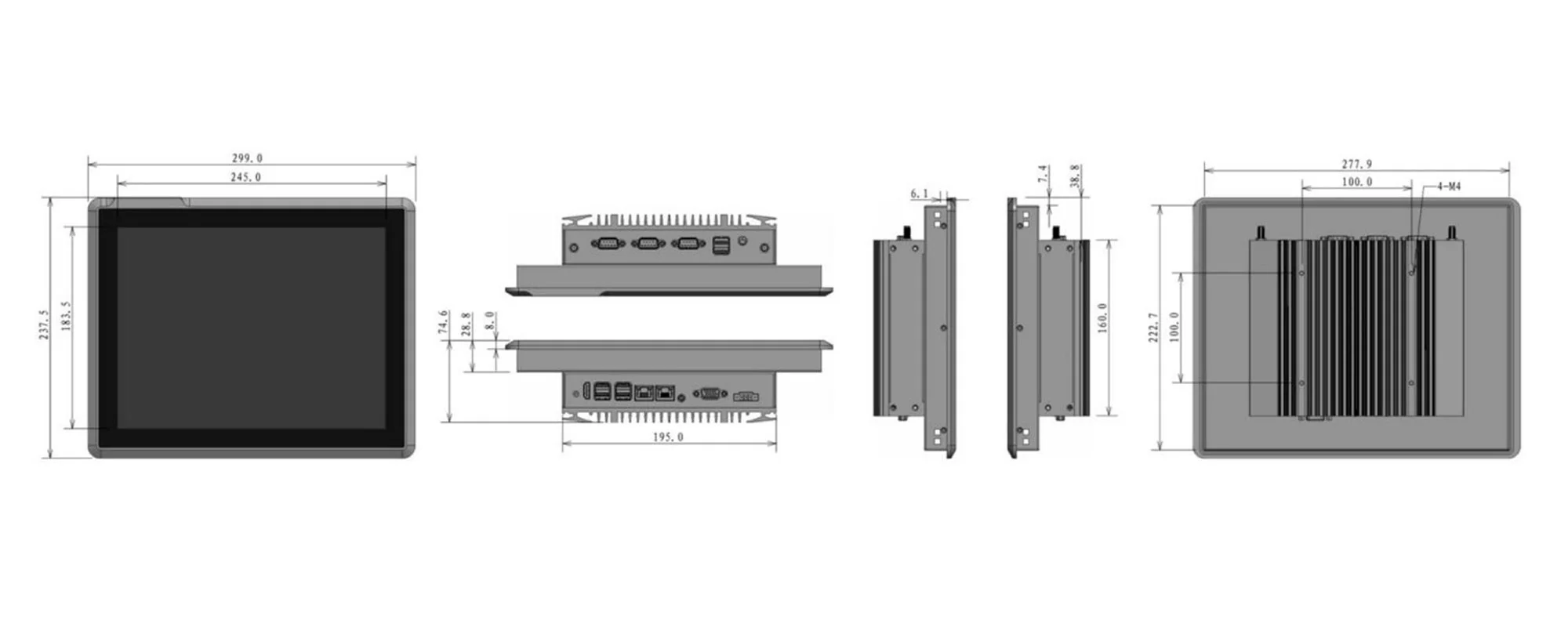 EPC-S1292A 工业触控一体机 - 三视图尺寸图（mm）