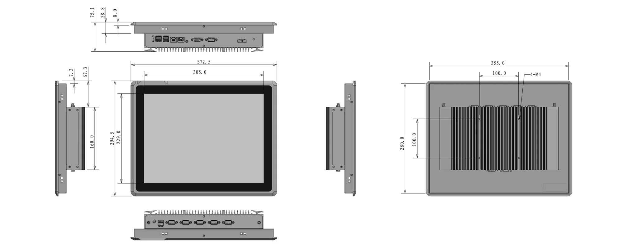 EPC-S1521O-SR 嵌入式工业平板（标准屏） - 三视图尺寸图（mm）