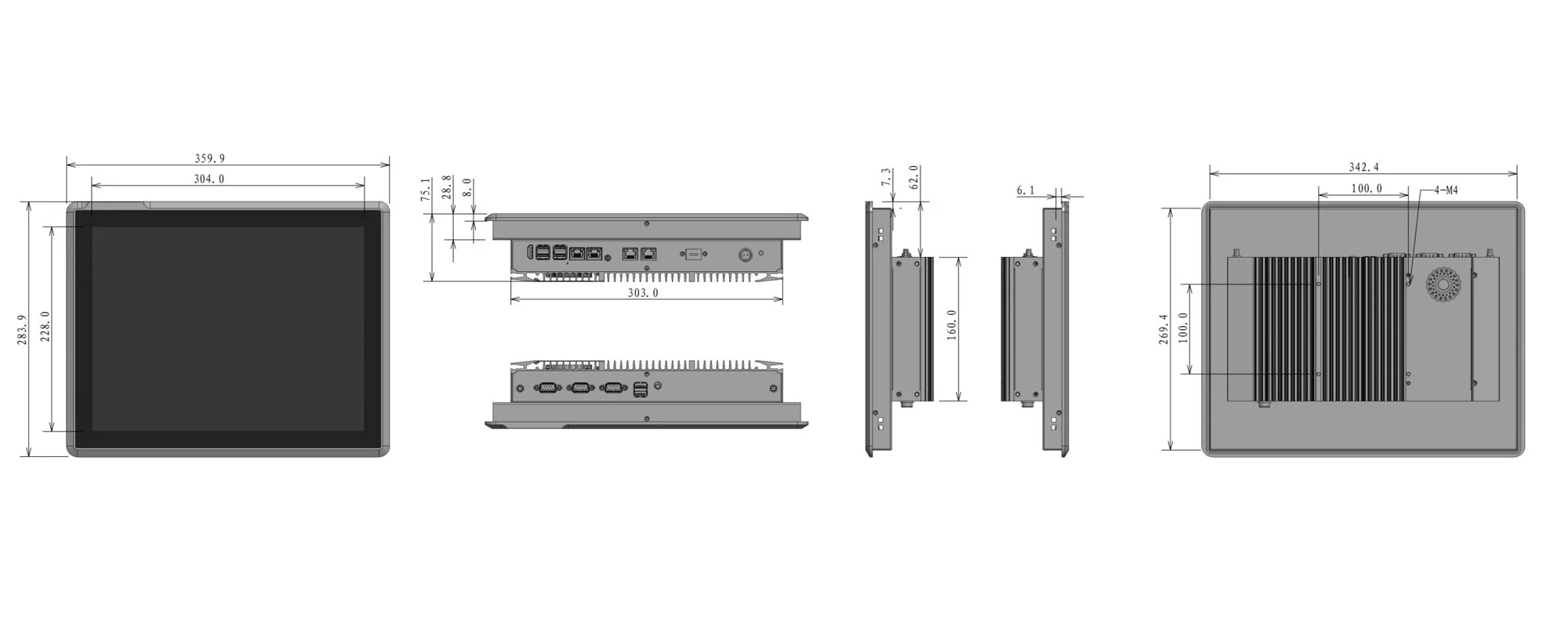 EPC-S1522E 嵌入式工业平板（标准屏） - 三视图尺寸图（mm）