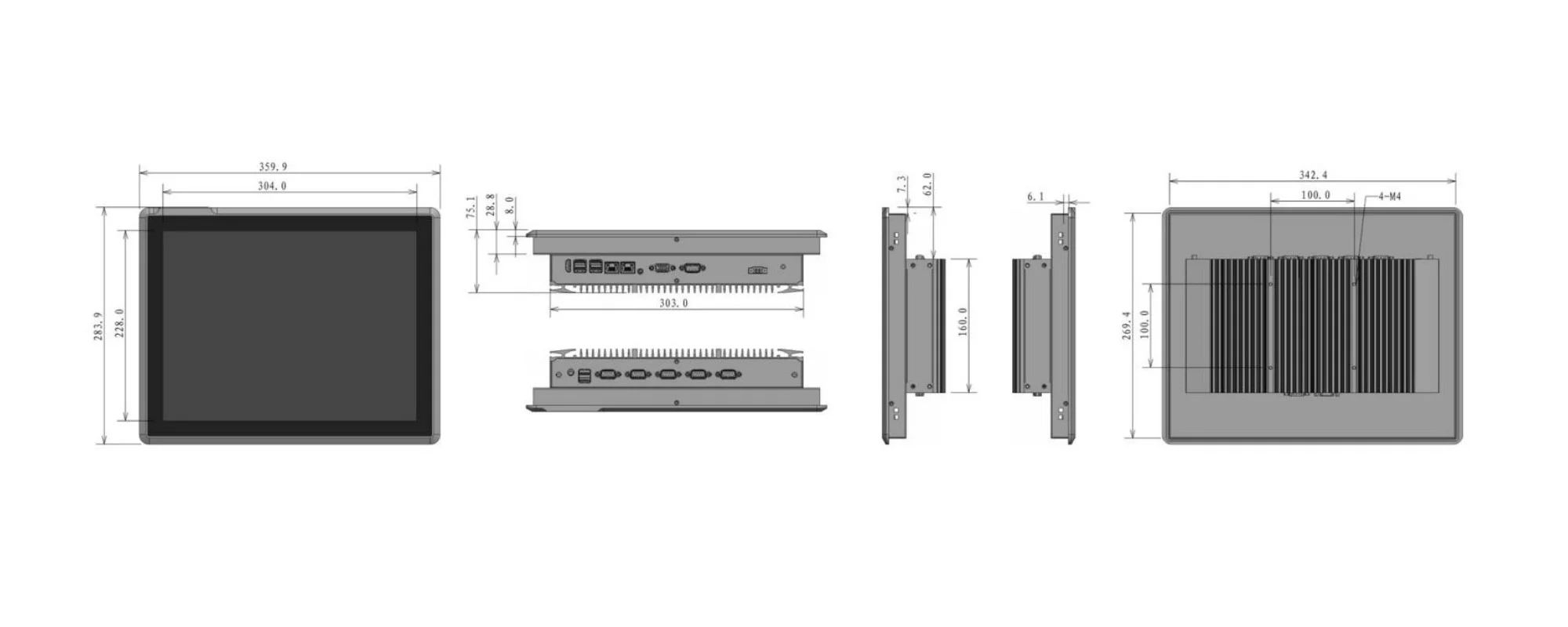 EPC-S1592A 工业触控一体机 - 三视图尺寸图（mm）