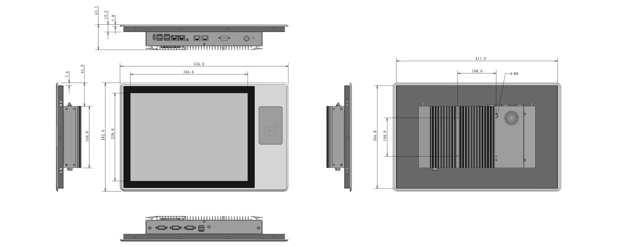 EPC-S1592O-RFID 嵌入式工业平板（标准屏） - 三视图尺寸图（mm）
