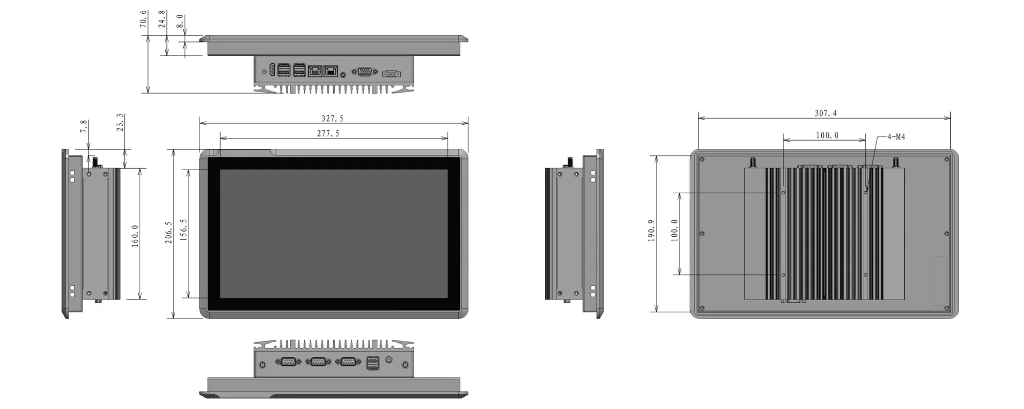 EPC-W1222A 宽屏工业平板 （16:9） - 三视图尺寸图（mm）