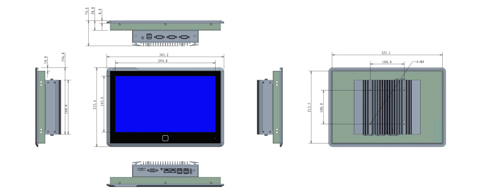 EPC-W1372T 宽屏工业平板 （16:9） - 三视图尺寸图（mm）