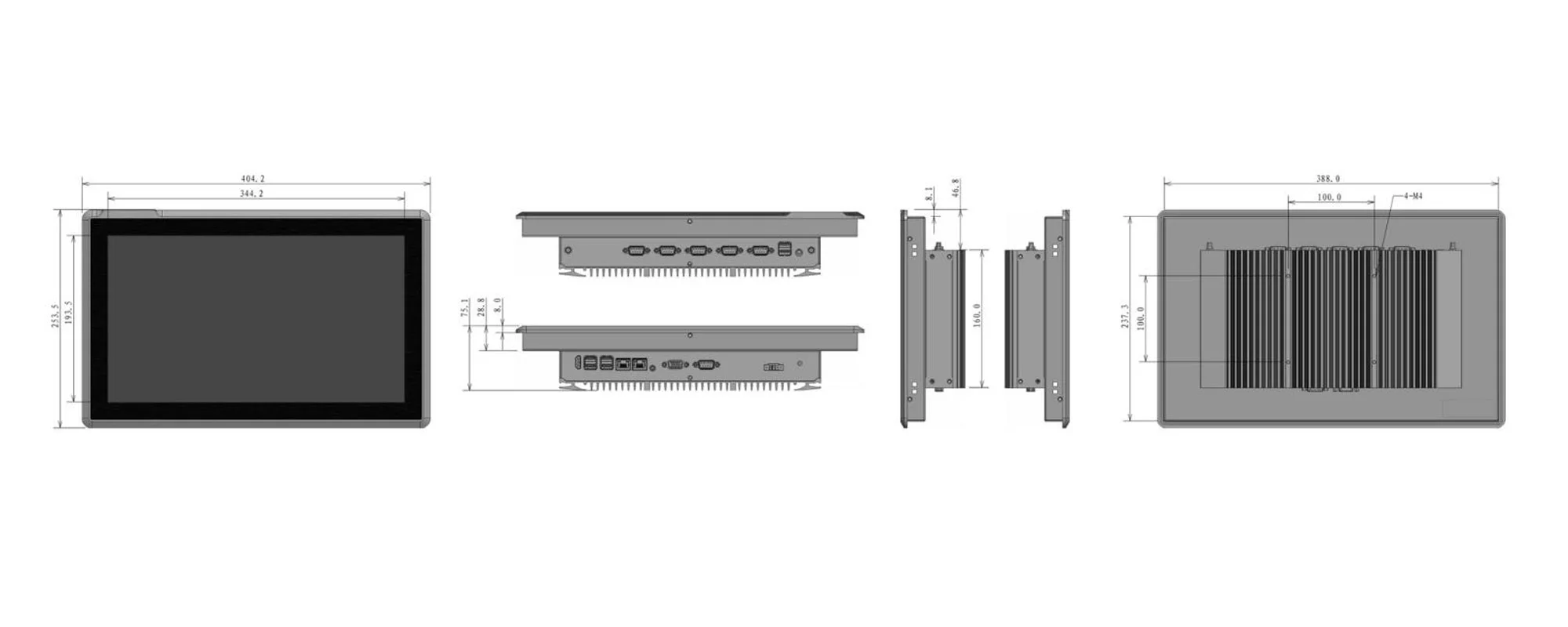 EPC-W1562A 工业触控一体机 - 三视图尺寸图（mm）