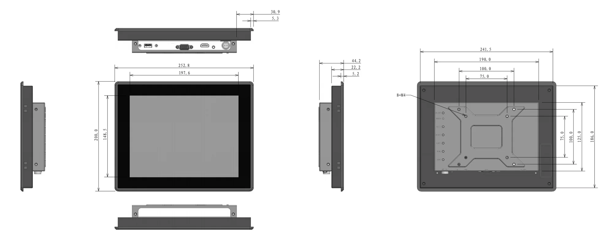FPM-S1002A 工业显示器（标准屏） - 三视图尺寸图（mm）
