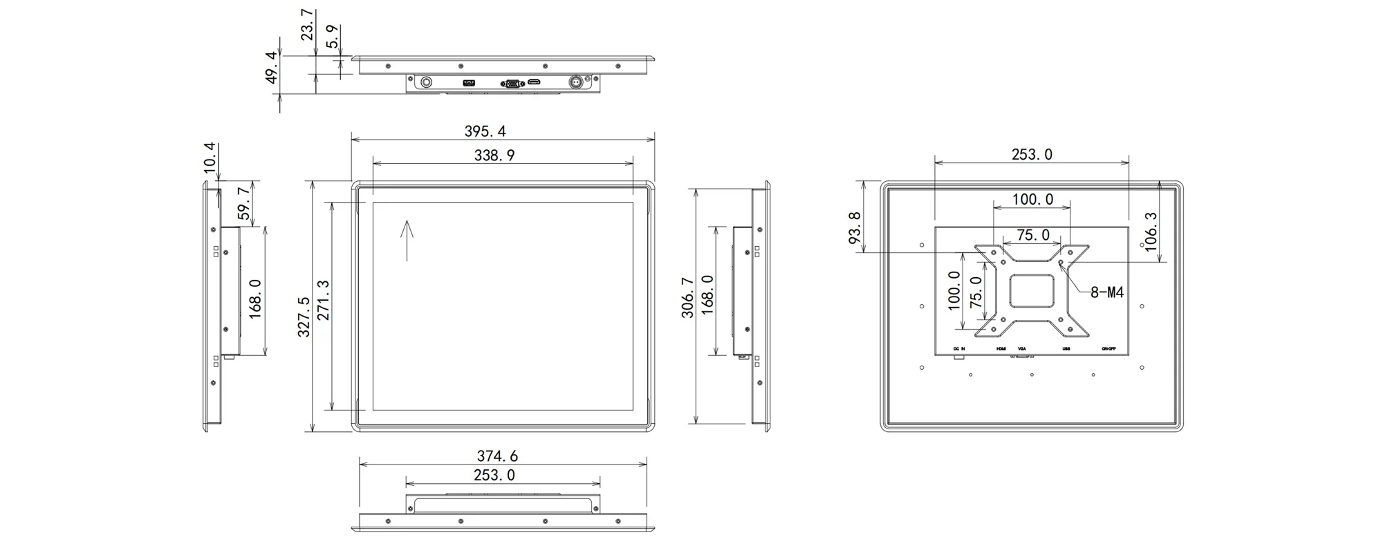 FPM-S1702A 工业显示器（标准屏） - 三视图尺寸图（mm）