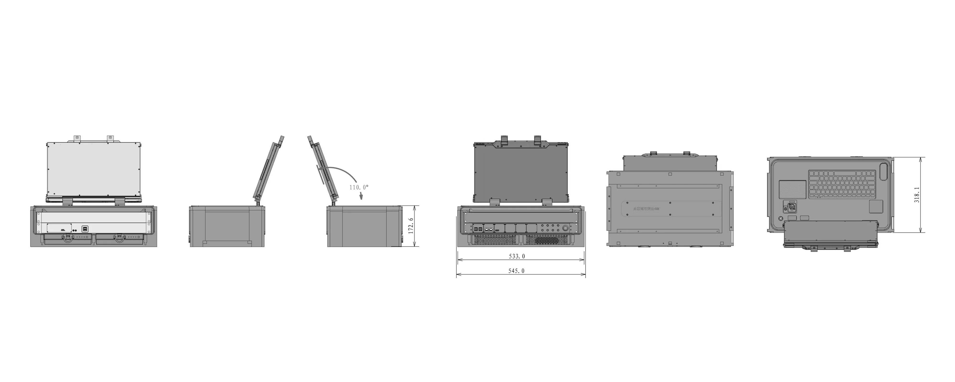 MPC-TS-W150-T1 多功能便携控制台 - 三视图尺寸图（mm）