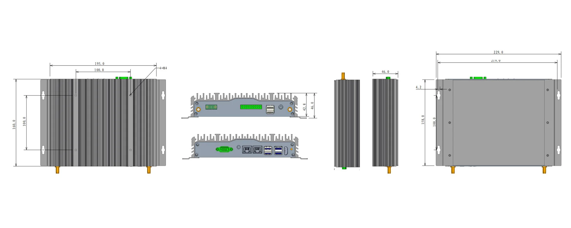 UPC-206F 通用型BOX工控机 - 三视图尺寸图（mm）