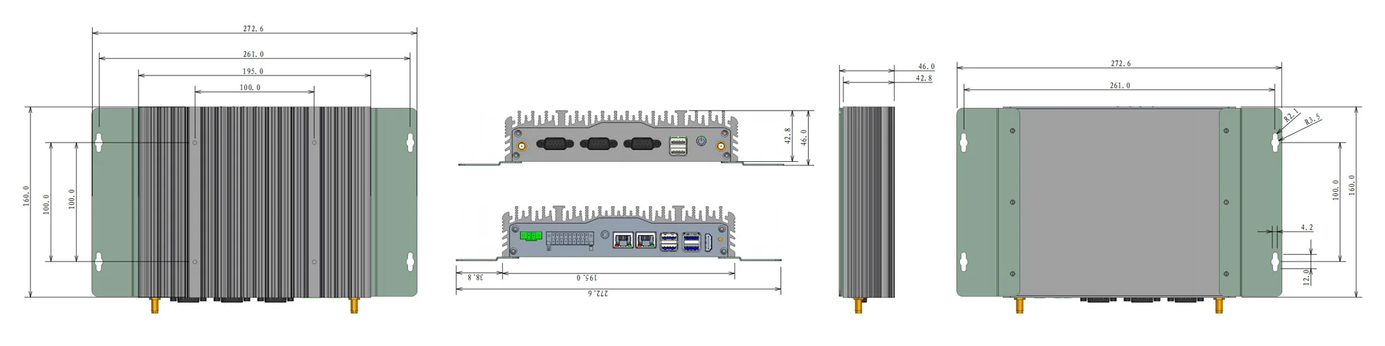 UPC-209B 通用型BOX工控机 - 三视图尺寸图（mm）