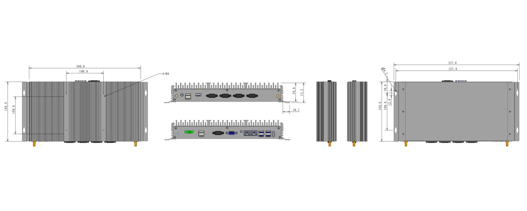 UPC-302D 通用型BOX工控机 - 三视图尺寸图（mm）