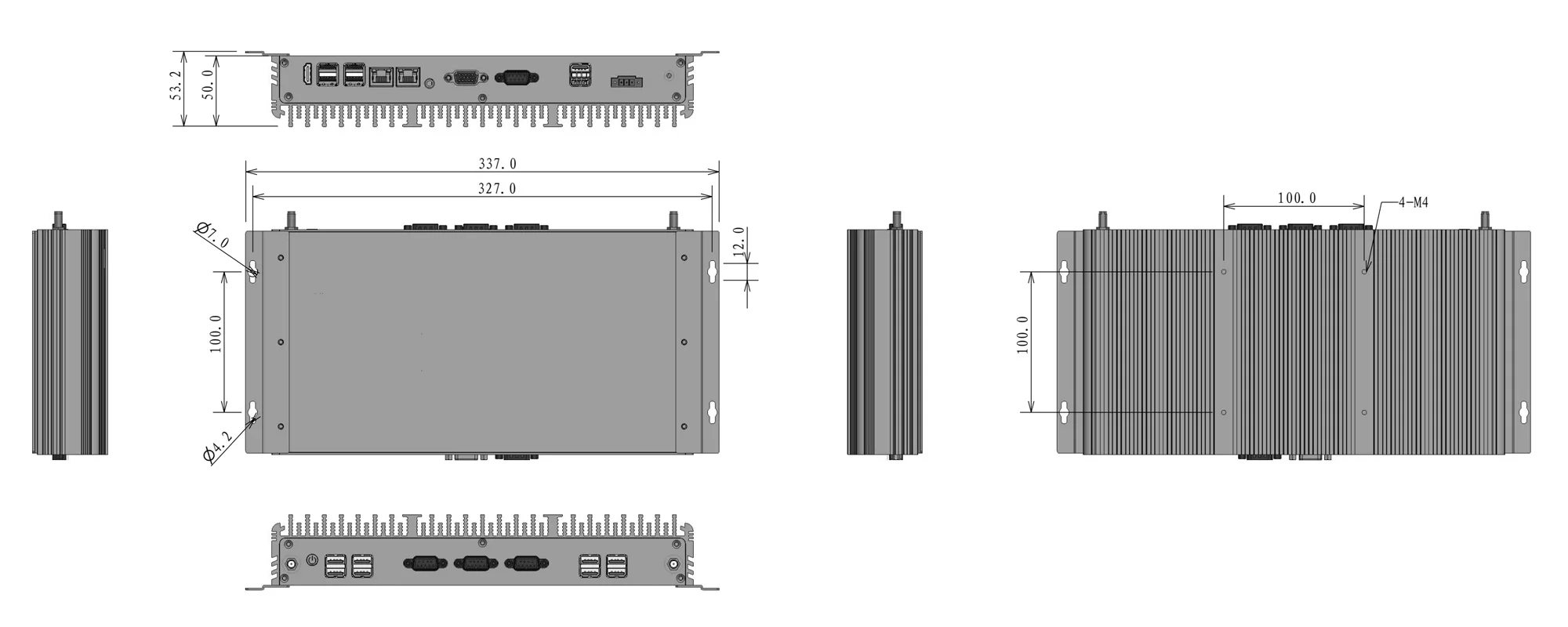 UPC-302F 通用型BOX工控机 - 三视图尺寸图（mm）