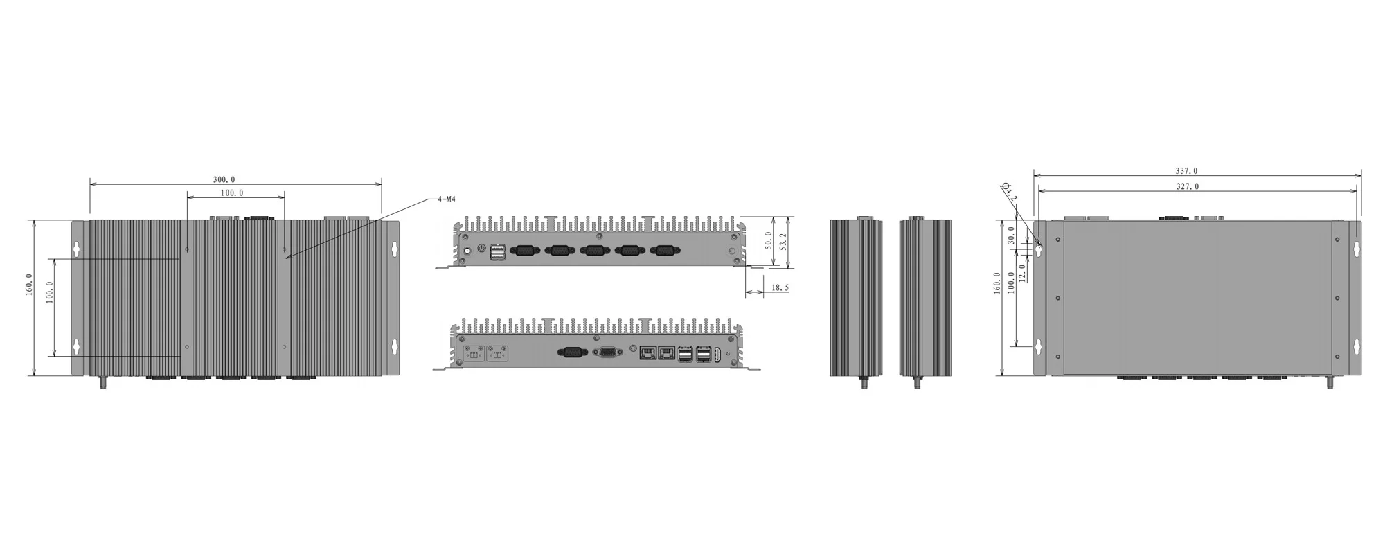 UPC-309R 通用型BOX工控机 - 三视图尺寸图（mm）