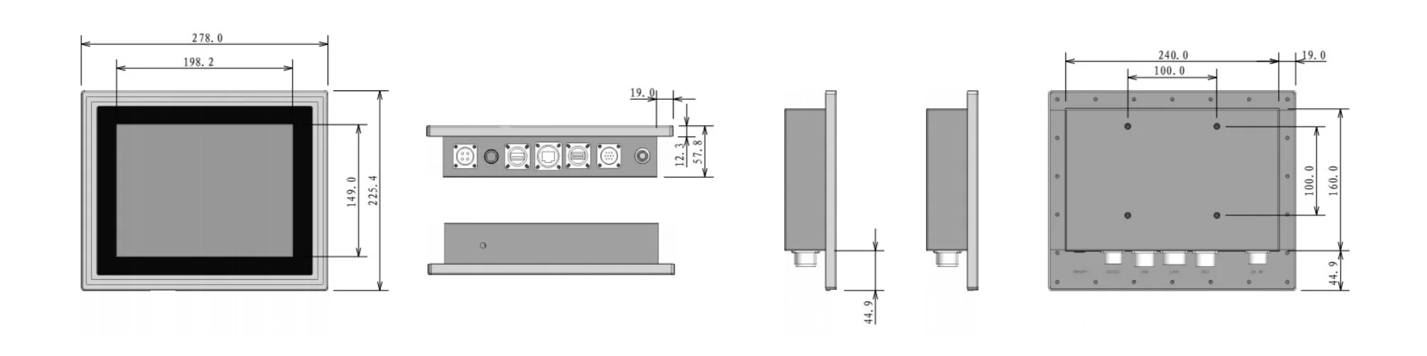 WPC-S1072A-G 全封闭高防护工业平板（G级 / IP69K） - 三视图尺寸图（mm）