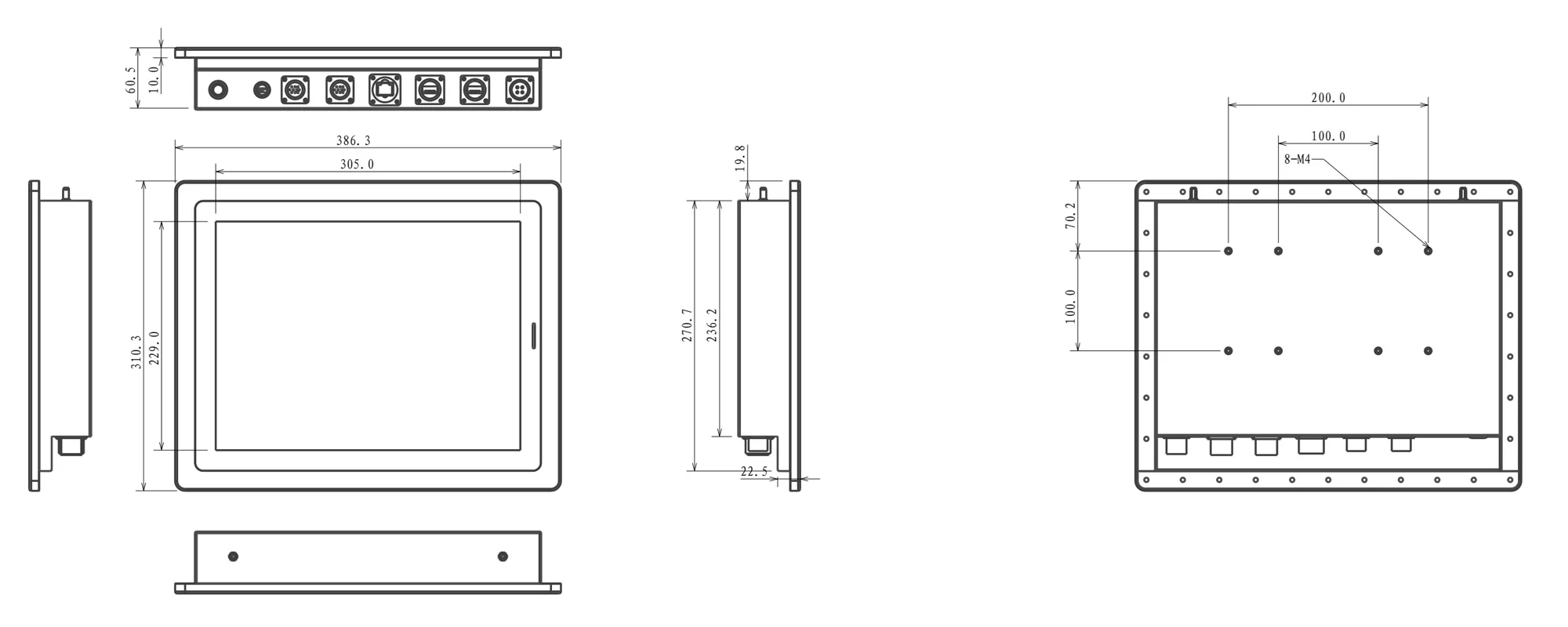 WPC-S1562A-G 全封闭高防护工业平板(G级 / IP69K) - 三视图尺寸图(mm)