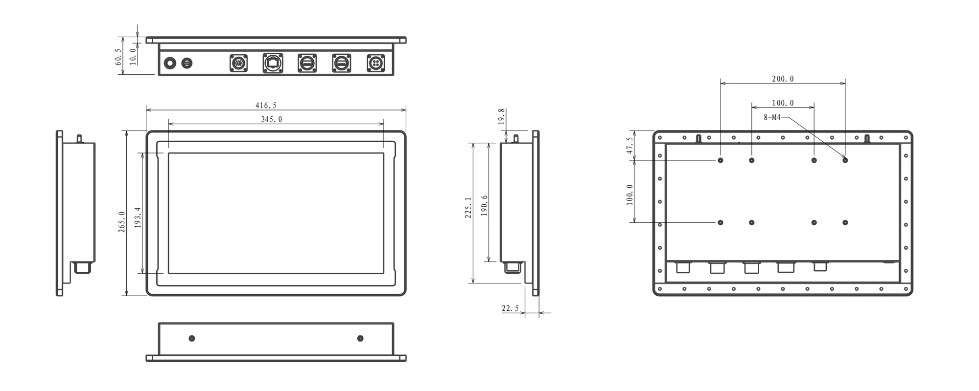 WPC-W1522A-G 全封闭高防护工业平板（G级 / IP69K） - 三视图尺寸图（mm）