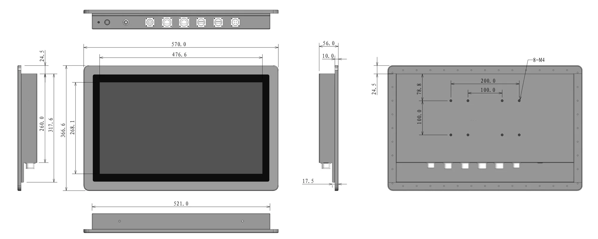 WPC-W2172A-G 全封闭高防护工业平板（G级 / IP69K） - 三视图尺寸图（mm）