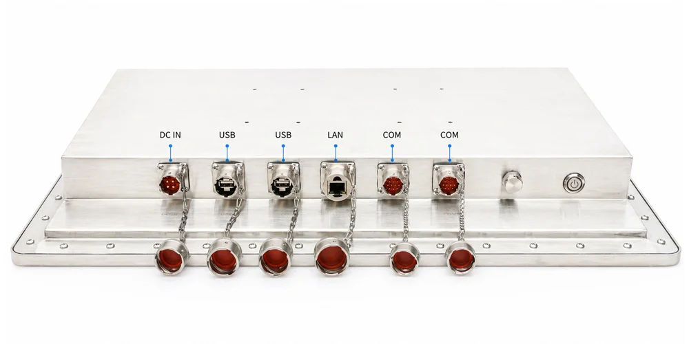 WPC-W2172A-G 全封闭高防护工业平板（G级 / IP69K） - 前面板 I/O 接口布局图